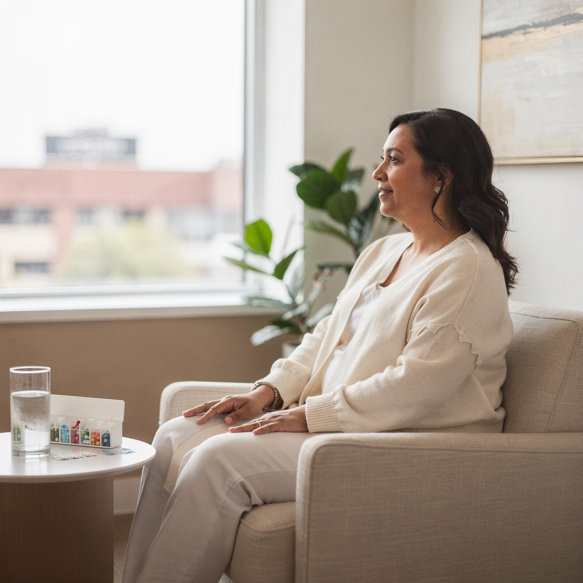 Patient sitting on a couch in a bright clinic room with medication organizer and water glass on a side table